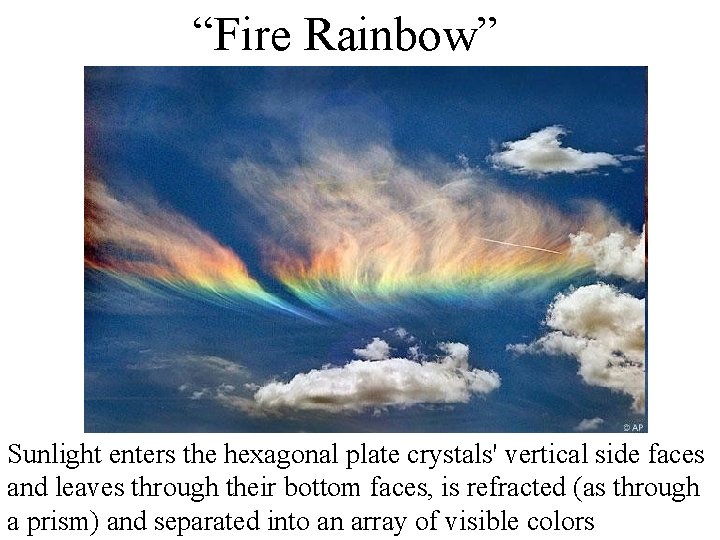 “Fire Rainbow” Sunlight enters the hexagonal plate crystals' vertical side faces and leaves through