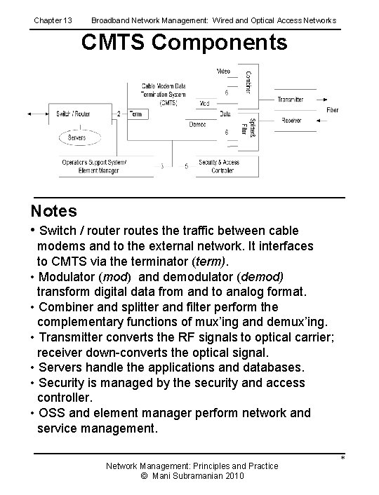 Chapter 13 Broadband Network Management: Wired and Optical Access Networks CMTS Components Notes •