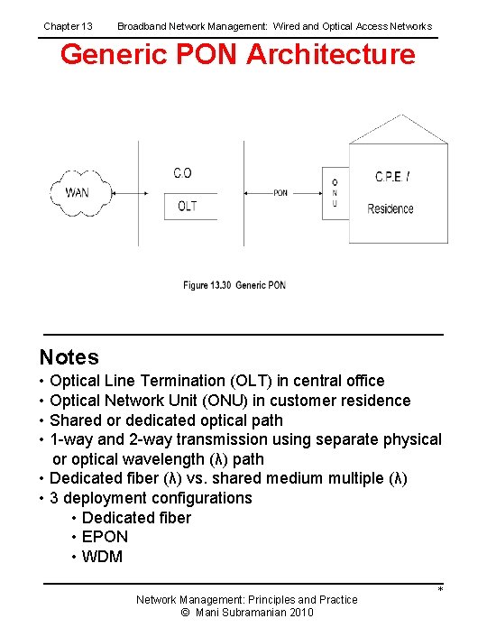 Chapter 13 Broadband Network Management: Wired and Optical Access Networks Generic PON Architecture Notes