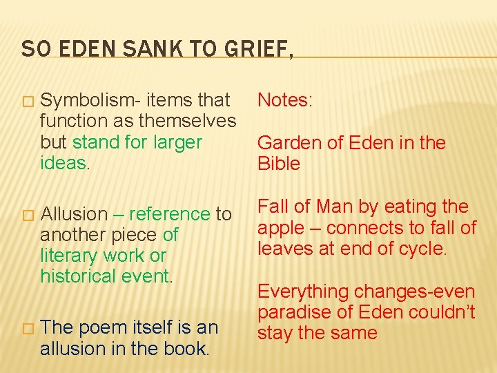 SO EDEN SANK TO GRIEF, � � � Symbolism- items that function as themselves