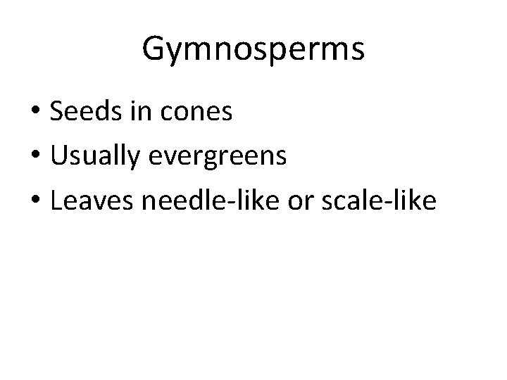 Gymnosperms • Seeds in cones • Usually evergreens • Leaves needle-like or scale-like 