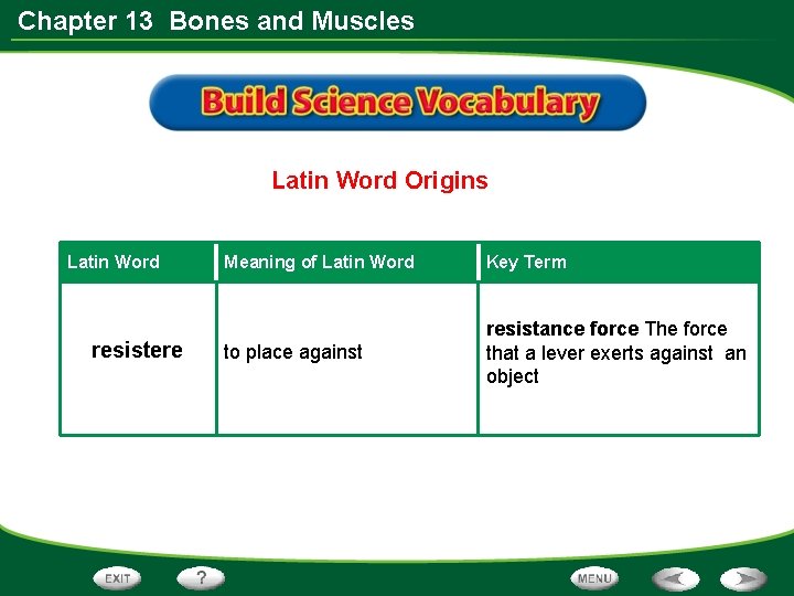 Chapter 13 Bones and Muscles Latin Word Origins Latin Word resistere Meaning of Latin