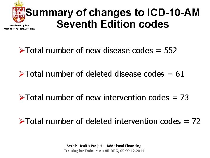 Summary of changes to ICD-10 -AM Seventh Edition codes Република Србија МИНИСТАРСТВО ЗДРАВЉА ØTotal
