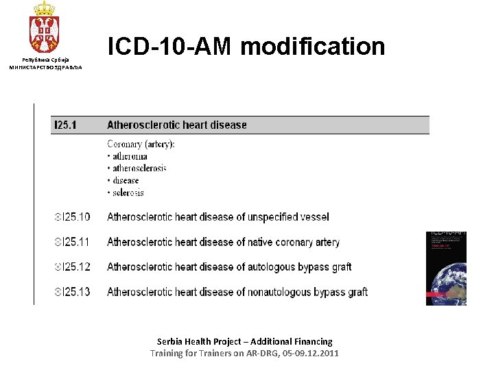 Република Србија МИНИСТАРСТВО ЗДРАВЉА ICD-10 -AM modification Serbia Health Project – Additional Financing Training