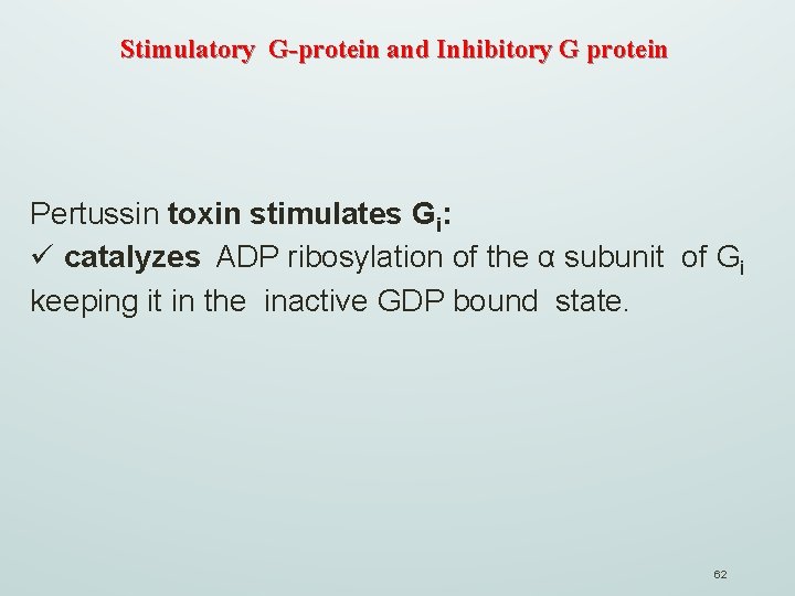 Stimulatory G-protein and Inhibitory G protein Pertussin toxin stimulates Gi: ü catalyzes ADP ribosylation