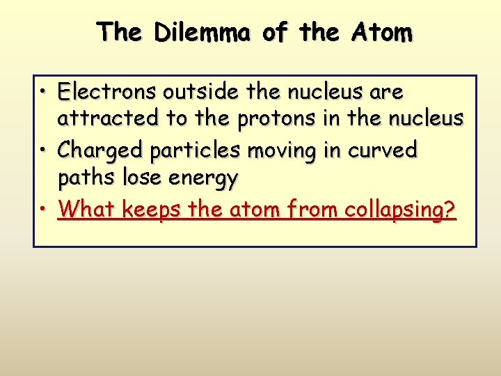 The Dilemma of the Atom • Electrons outside the nucleus are attracted to the