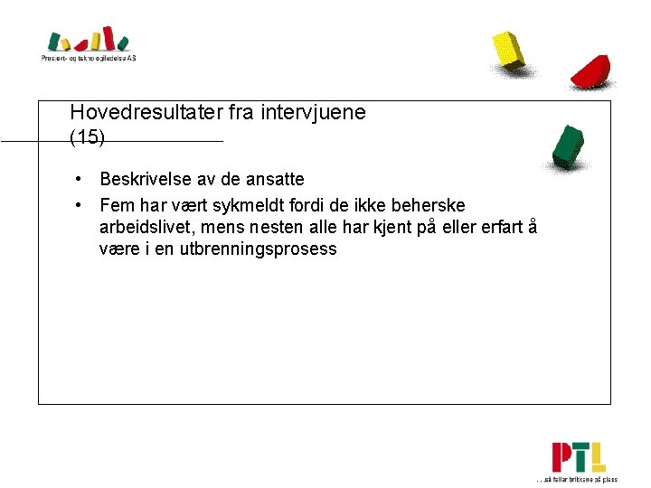 Hovedresultater fra intervjuene (15) • Beskrivelse av de ansatte • Fem har vært sykmeldt