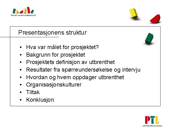 Presentasjonens struktur • • Hva var målet for prosjektet? Bakgrunn for prosjektet Prosjektets definisjon