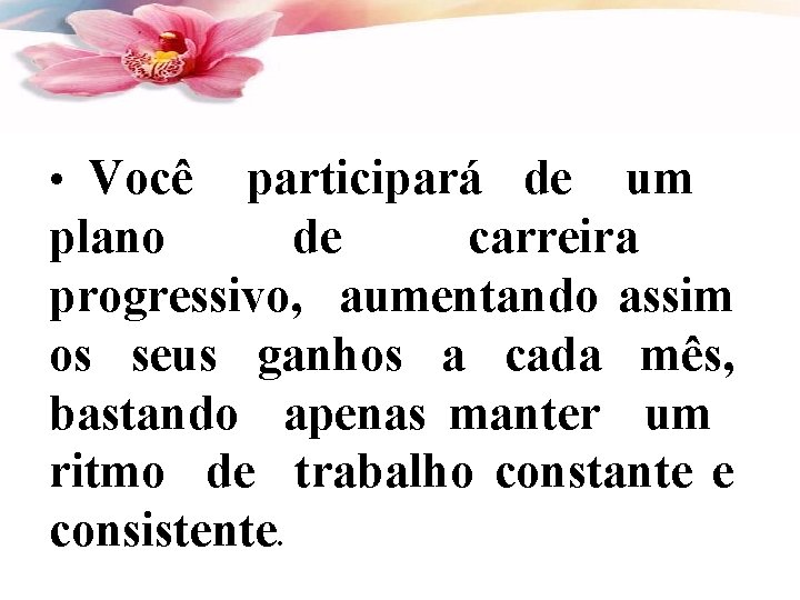  • Você participará de um plano de carreira progressivo, aumentando assim os seus