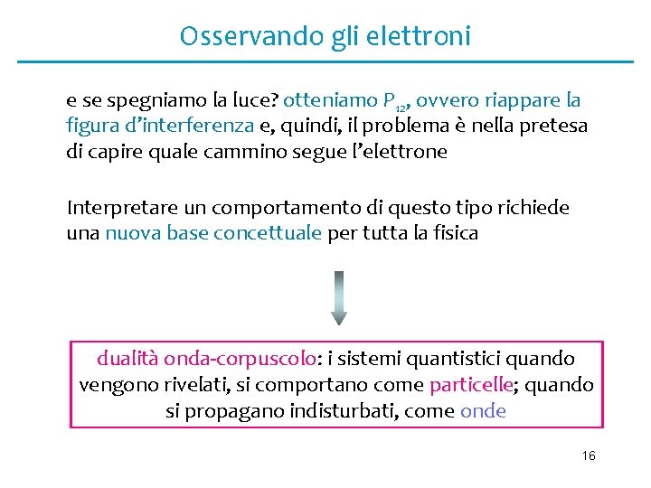 Osservando gli elettroni e se spegniamo la luce? otteniamo P 12, ovvero riappare la