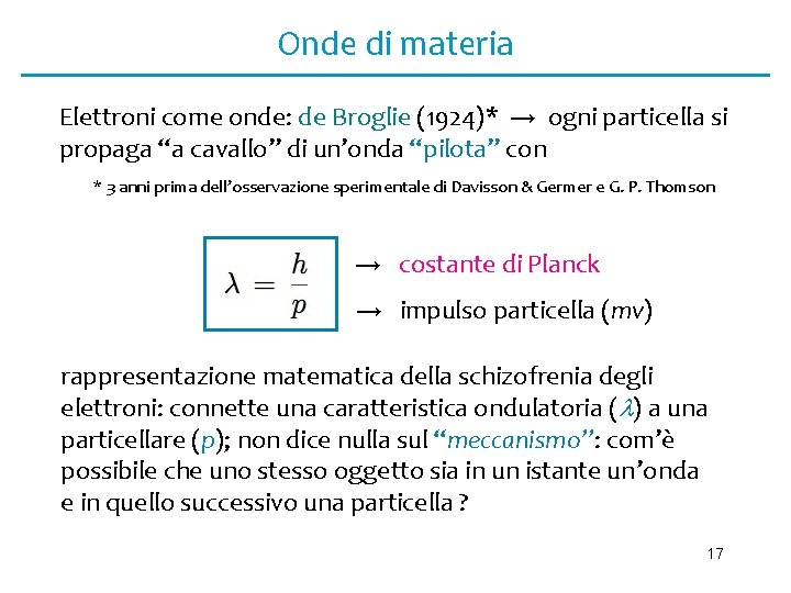 Onde di materia Elettroni come onde: de Broglie (1924)* → ogni particella si propaga
