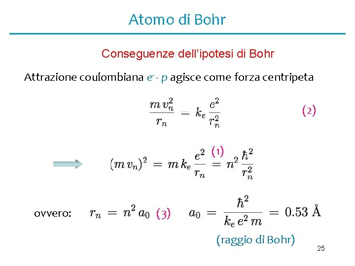Atomo di Bohr Conseguenze dell’ipotesi di Bohr Attrazione coulombiana e- - p agisce come