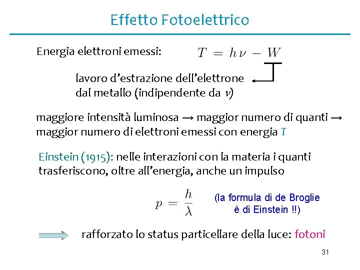 Effetto Fotoelettrico Energia elettroni emessi: lavoro d’estrazione dell’elettrone dal metallo (indipendente da ) maggiore