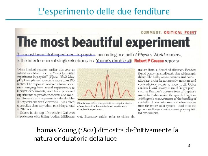 L’esperimento delle due fenditure Thomas Young (1802) dimostra definitivamente la natura ondulatoria della luce