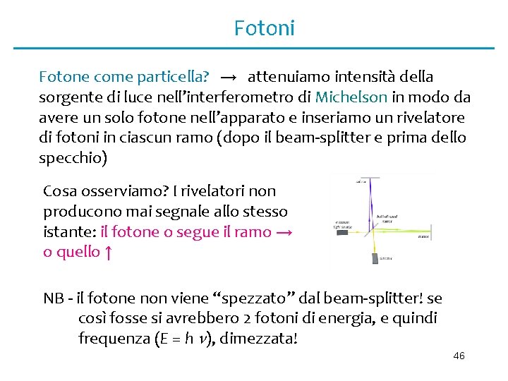 Fotoni Fotone come particella? → attenuiamo intensità della sorgente di luce nell’interferometro di Michelson