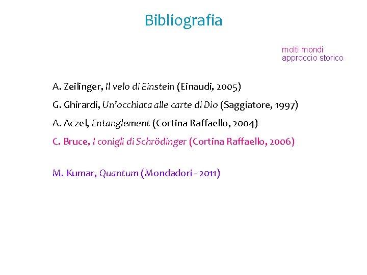 Bibliografia molti mondi approccio storico A. Zeilinger, Il velo di Einstein (Einaudi, 2005) G.