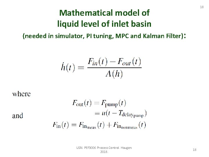 18 Mathematical model of liquid level of inlet basin (needed in simulator, PI tuning,