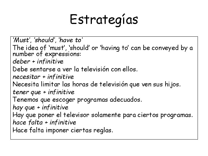 Estrategías ‘Must’, ‘should’, ‘have to’ The idea of ‘must’, ‘should’ or ‘having to’ can