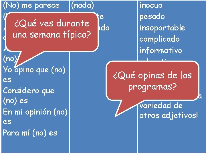 (No) me parece (nada) inocuo (No) me resulta bastante pesado ¿Qué ves(no) durante A
