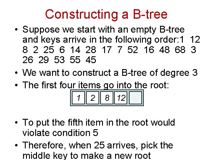 Constructing a B-tree • Suppose we start with an empty B-tree and keys arrive