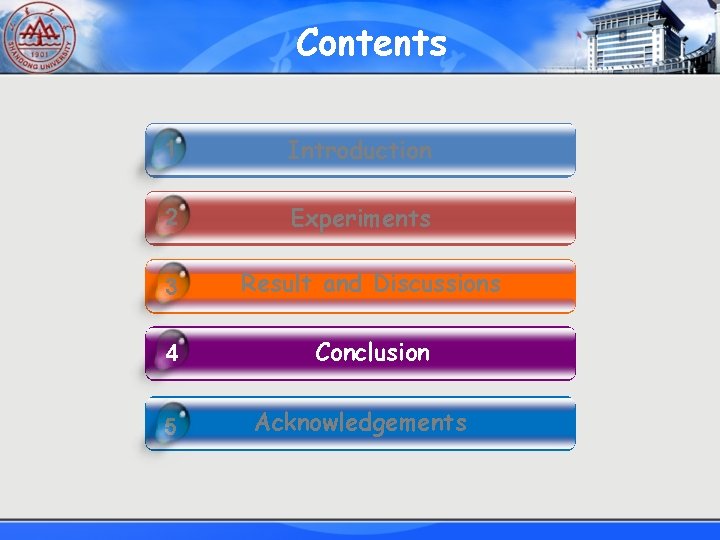 Contents 1 Introduction 2 Experiments 3 Result and Discussions 4 Conclusion 5 Acknowledgements 