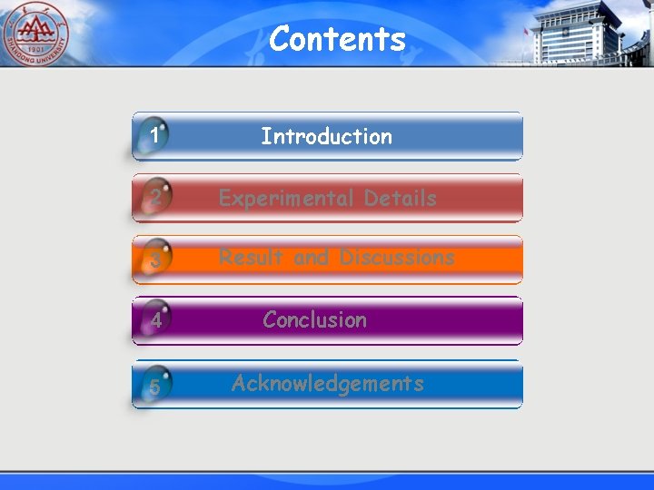 Contents 1 Introduction 2 Experimental Details 3 Result and Discussions 4 5 Conclusion Acknowledgements