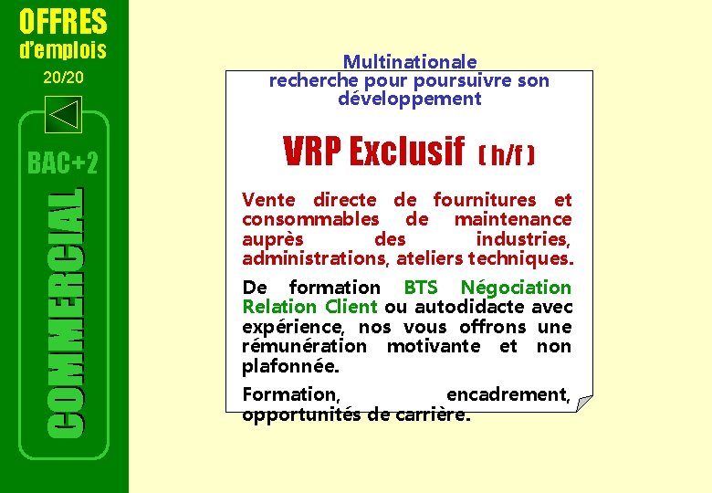 OFFRES d’emplois 20/20 BAC+2 Multinationale recherche poursuivre son développement VRP Exclusif ( h/f )