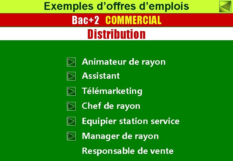 Exemples d’offres d’emplois Bac+2 COMMERCIAL Distribution Animateur de rayon Assistant Télémarketing Chef de rayon Exemples d’offres d’emplois Bac+2 COMMERCIAL Distribution Animateur de rayon Assistant Télémarketing Chef de rayon