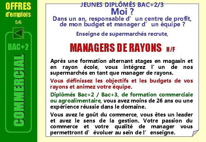 OFFRES JEUNES DIPLÔMÉS BAC+2/3 5/6 Dans un an, responsable d’un centre de profit, de