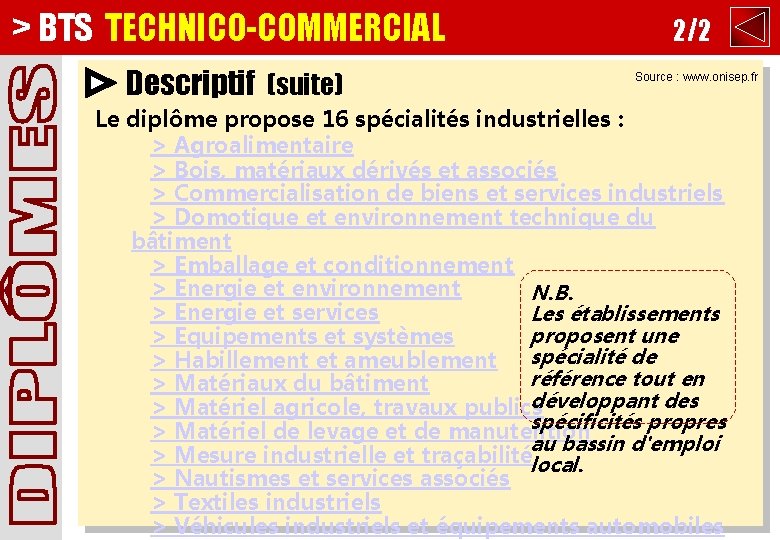 > BTS TECHNICO-COMMERCIAL Descriptif (suite) 2/2 Source : www. onisep. fr Le diplôme propose > BTS TECHNICO-COMMERCIAL Descriptif (suite) 2/2 Source : www. onisep. fr Le diplôme propose