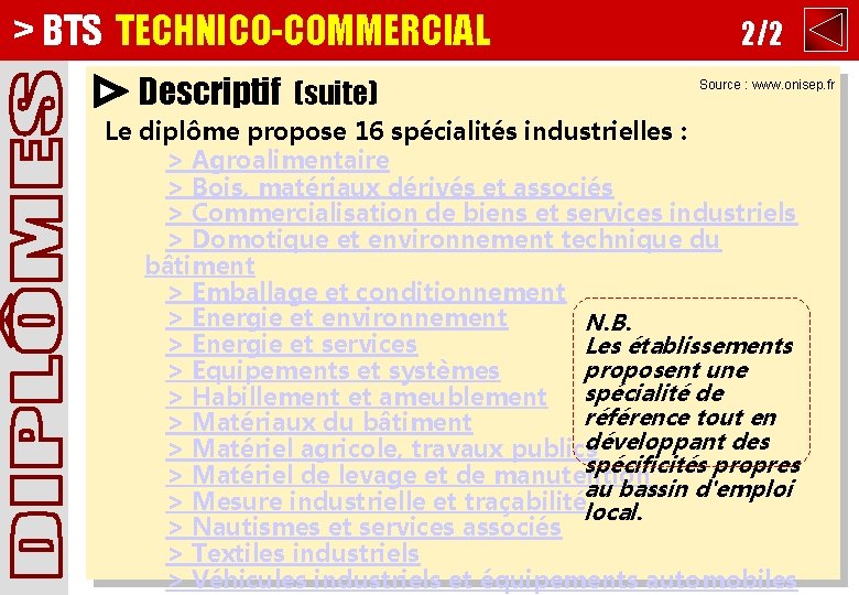 > BTS TECHNICO-COMMERCIAL Descriptif (suite) 2/2 Source : www. onisep. fr Le diplôme propose