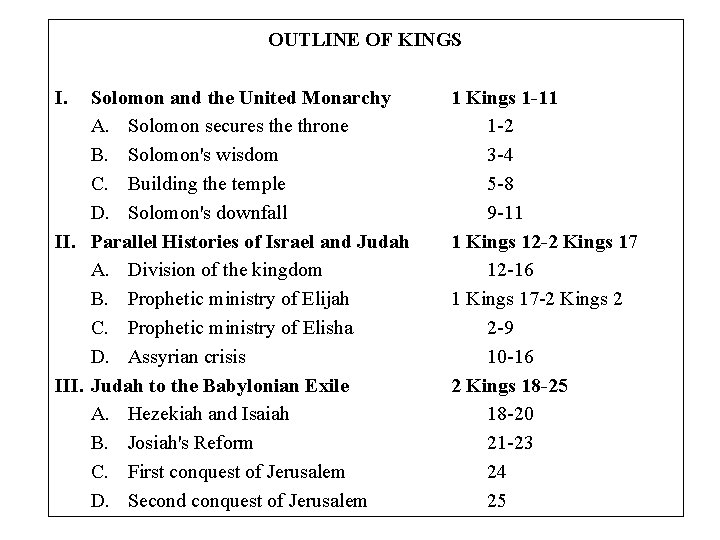 OUTLINE OF KINGS I. Solomon and the United Monarchy A. Solomon secures the throne
