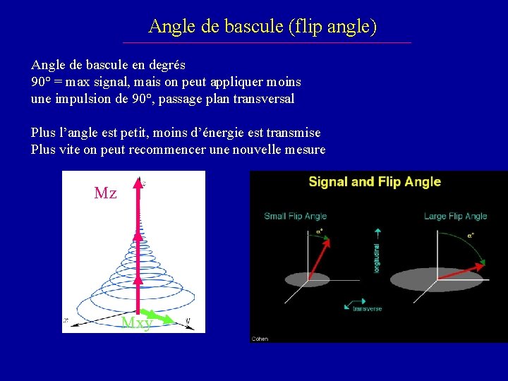 Angle de bascule (flip angle) Angle de bascule en degrés 90° = max signal,