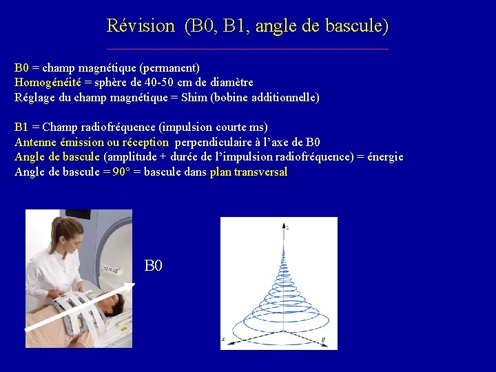 Révision (B 0, B 1, angle de bascule) B 0 = champ magnétique (permanent)