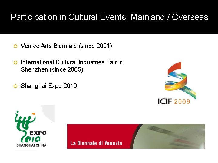Participation in Cultural Events; Mainland / Overseas Venice Arts Biennale (since 2001) International Cultural