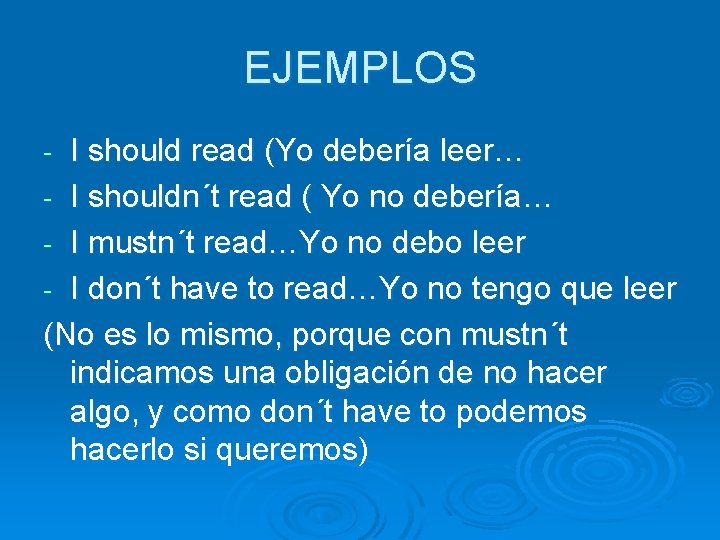 EJEMPLOS I should read (Yo debería leer… - I shouldn´t read ( Yo no