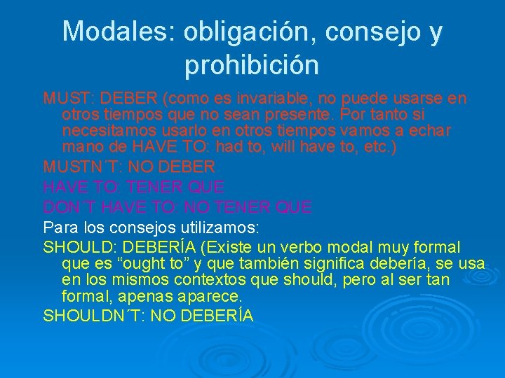 Modales: obligación, consejo y prohibición MUST: DEBER (como es invariable, no puede usarse en