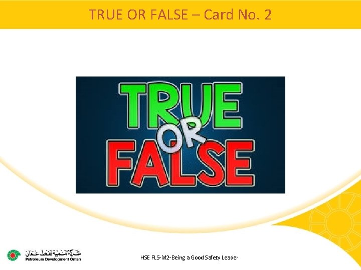 TRUE OR FALSE – Card No. 2 HSE FLS-M 2 -Being a Good Safety
