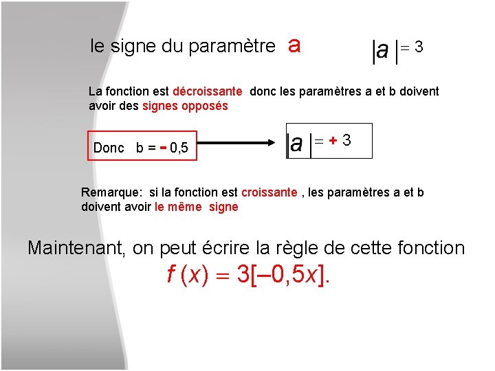  le signe du paramètre a 3 La fonction est décroissante donc les paramètres