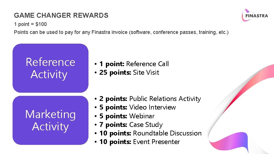 GAME CHANGER REWARDS 1 point = $100 Points can be used to pay for