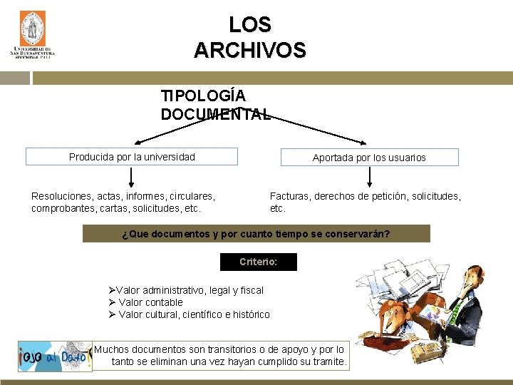 LOS ARCHIVOS TIPOLOGÍA DOCUMENTAL Producida por la universidad Resoluciones, actas, informes, circulares, comprobantes, cartas,