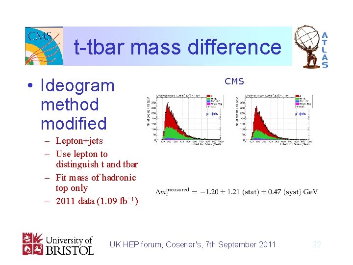 t-tbar mass difference • Ideogram method modified CMS – Lepton+jets – Use lepton to