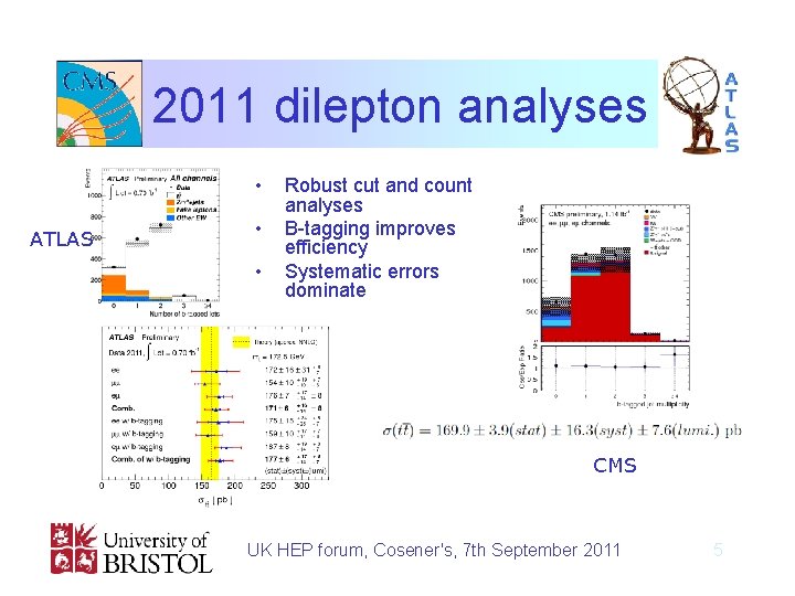 2011 dilepton analyses • ATLAS • • Robust cut and count analyses B-tagging improves