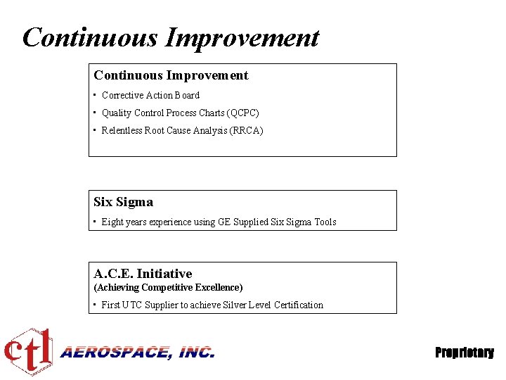 Continuous Improvement • Corrective Action Board • Quality Control Process Charts (QCPC) • Relentless