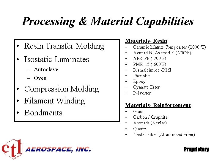 Processing & Material Capabilities • Resin Transfer Molding • Isostatic Laminates – Autoclave –
