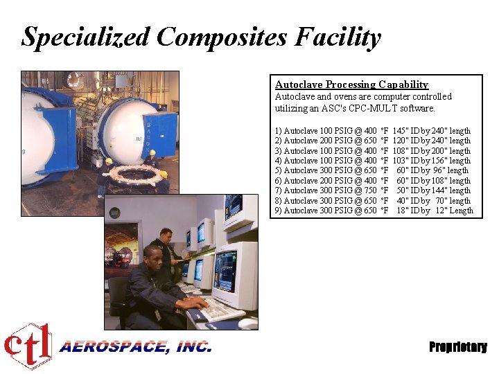 Specialized Composites Facility Autoclave Processing Capability Autoclave and ovens are computer controlled utilizing an