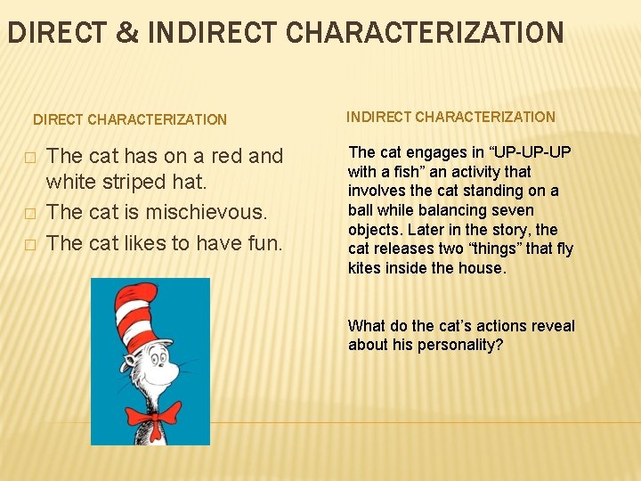 DIRECT & INDIRECT CHARACTERIZATION � � � The cat has on a red and