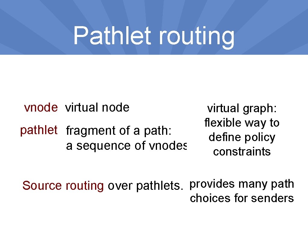 Pathlet routing vnode virtual node pathlet fragment of a path: a sequence of vnodes