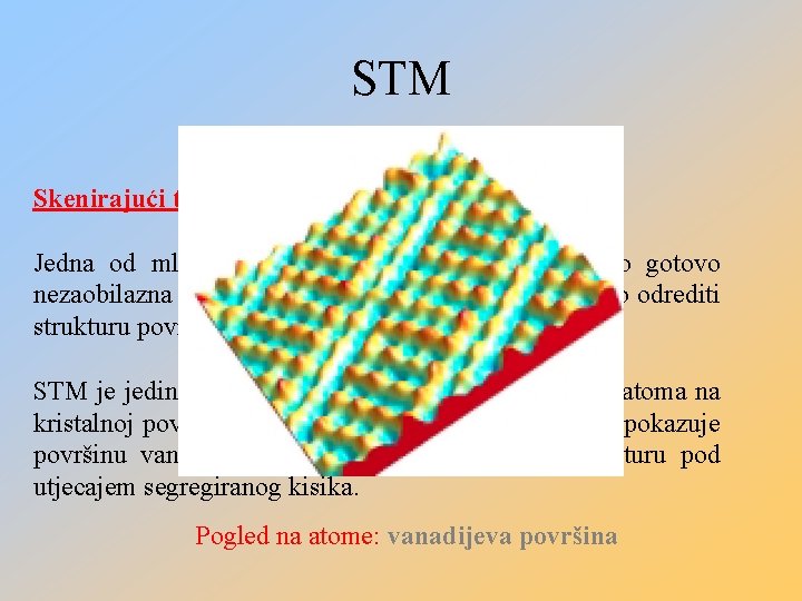 STM Skenirajući tunelirajući mikroskop Jedna od mla ih eksperimentalnih tehnika, ali zato gotovo nezaobilazna