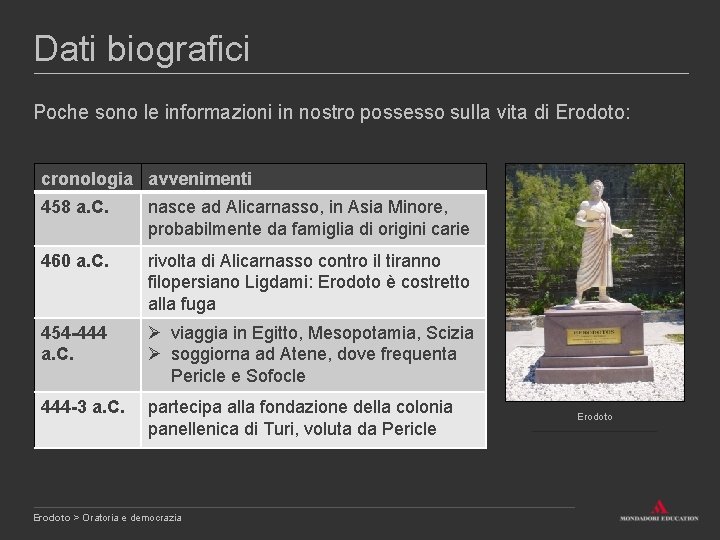 Dati biografici Poche sono le informazioni in nostro possesso sulla vita di Erodoto: cronologia